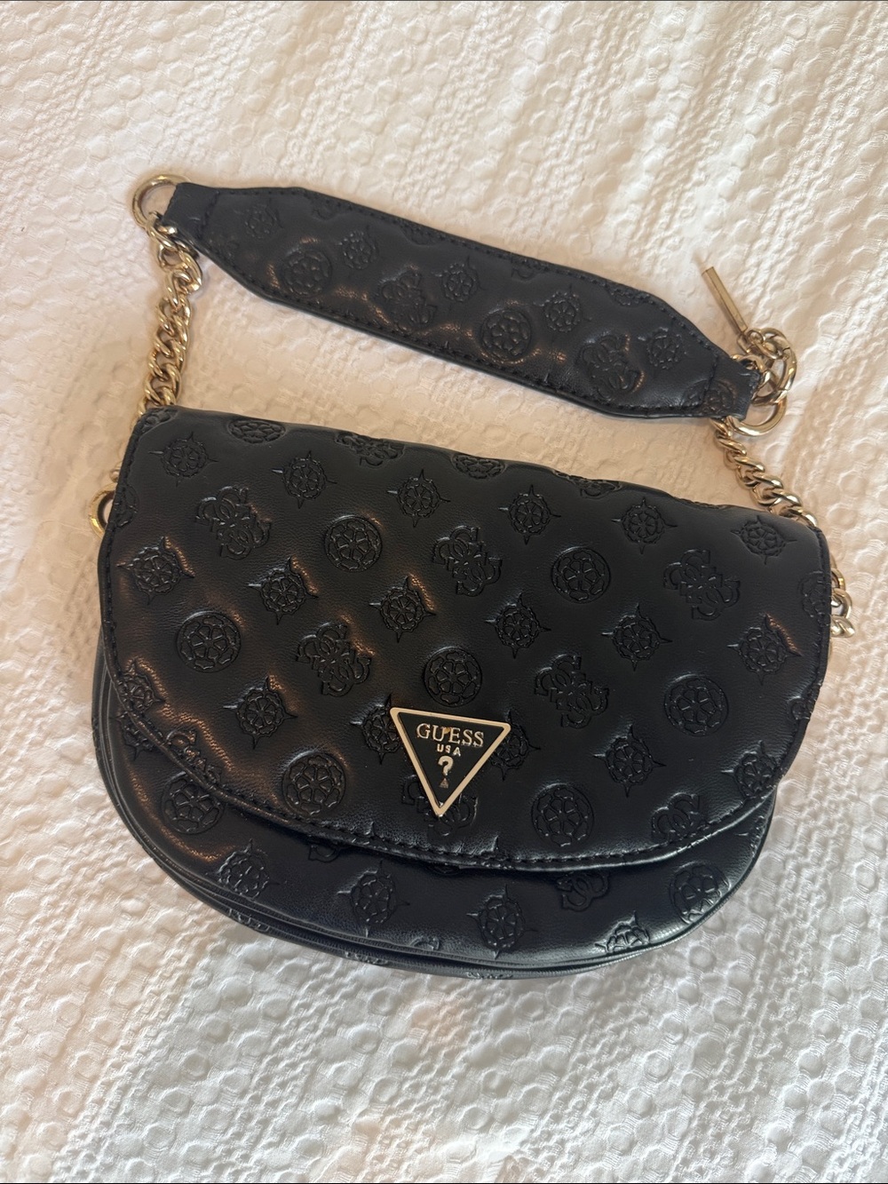 GUESS Black Embossed Logo Crossbody with Gold Chain